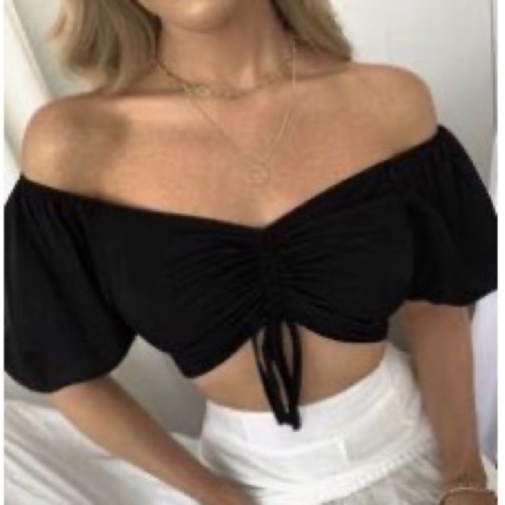 SHEIN Black Off Shoulder Ruched Crop Top Size Medium Puff Sleeve Drawstring Y2K